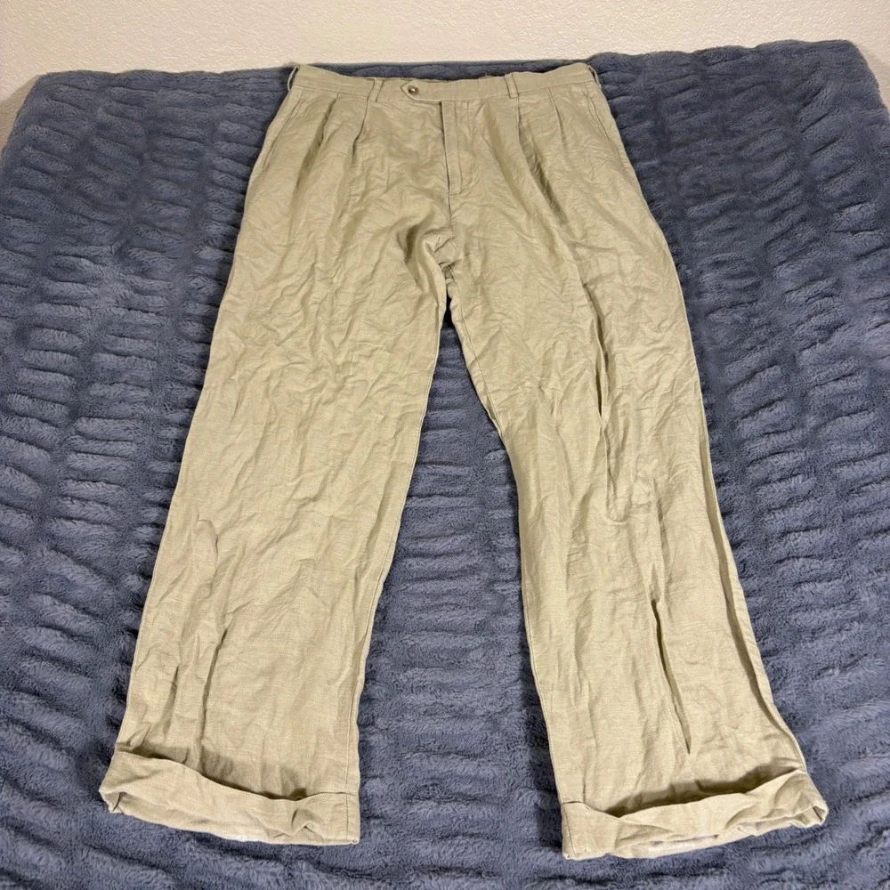 Jos A Bank Mens 35x32 Linen Tencel Pleated Cuffed Dress Pants Khaki Tan AQ370